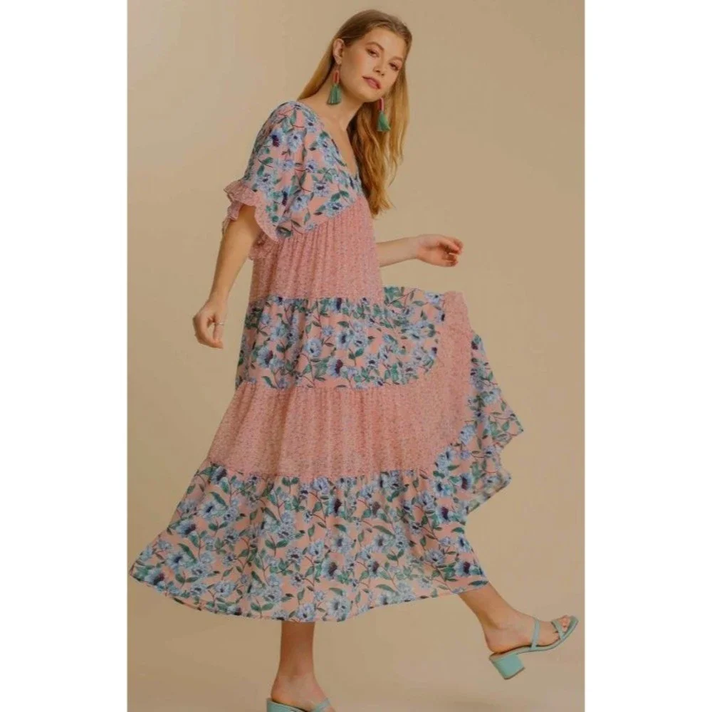 New UMGEE Small Pastel Floral Ruffle Sleeve V-Neck Maxi Dress Back Tie Dress - Picture 3 of 4